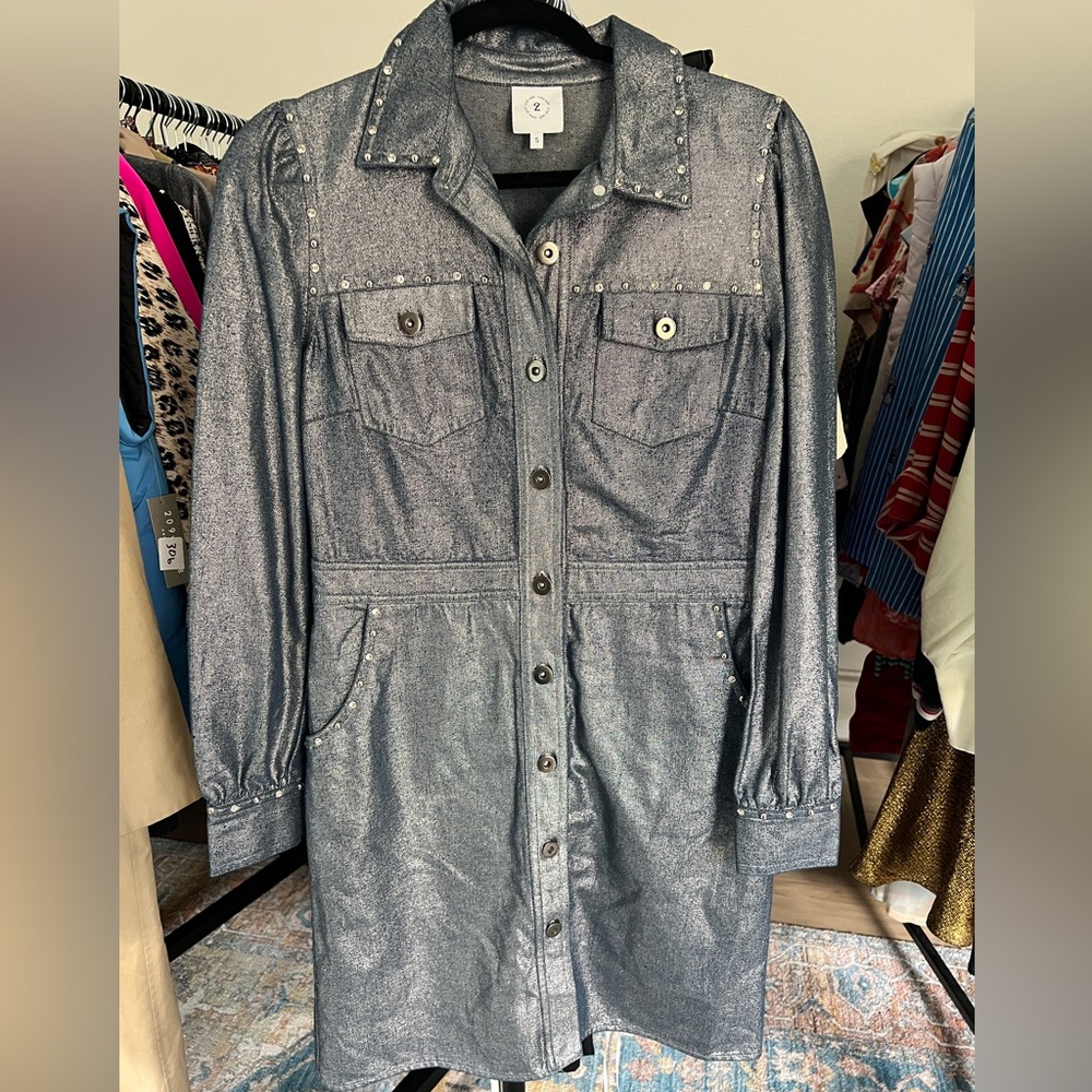209 W 38 New York Metallic Denim Studded Shirt Dress Small